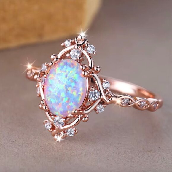 NEW 14k Rose Gold White Opal Ring Dainty Diamond Opal Ring - Picture 6 of 8
